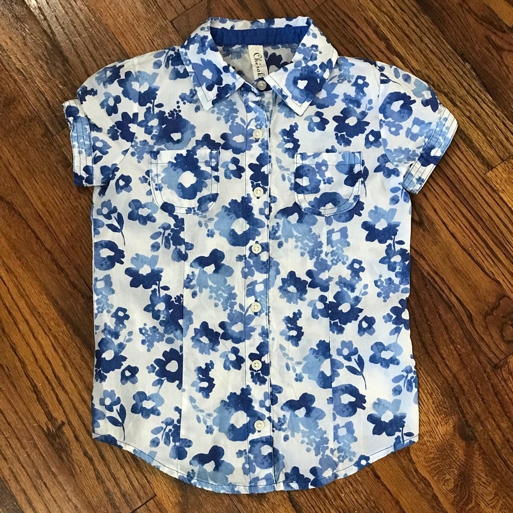 Cherokee Blue Flower Floral Print Blouse 
Size Small 6 / 7 
Hawaiian Button Down - Picture 8 of 12